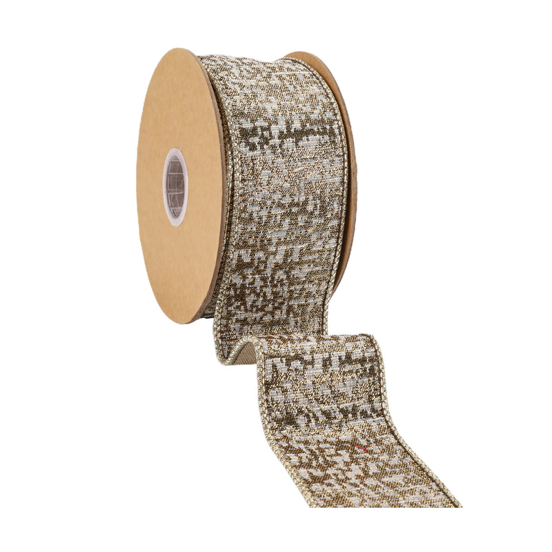 2 1/2" Double-Fused Wired Jacquard Ribbon | Ivory/Gold Metallic | 10 Yard Roll