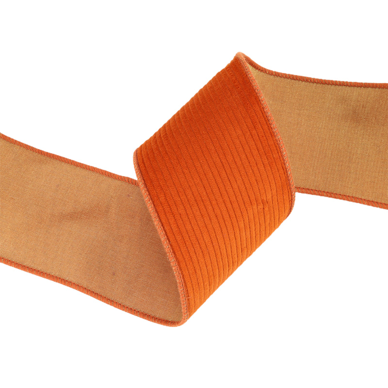 4" Double-Fused Wired Corduroy Ribbon w/ Tissue Back | Orange/Orange Metallic | 5 Yard Roll
