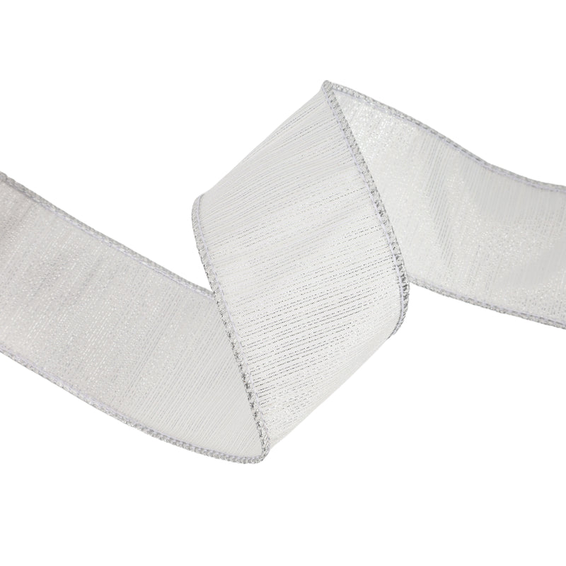 2 1/2" Wired Dupioni Ribbon w/ Metallic Stripe | White/Silver | 10 Yard Roll