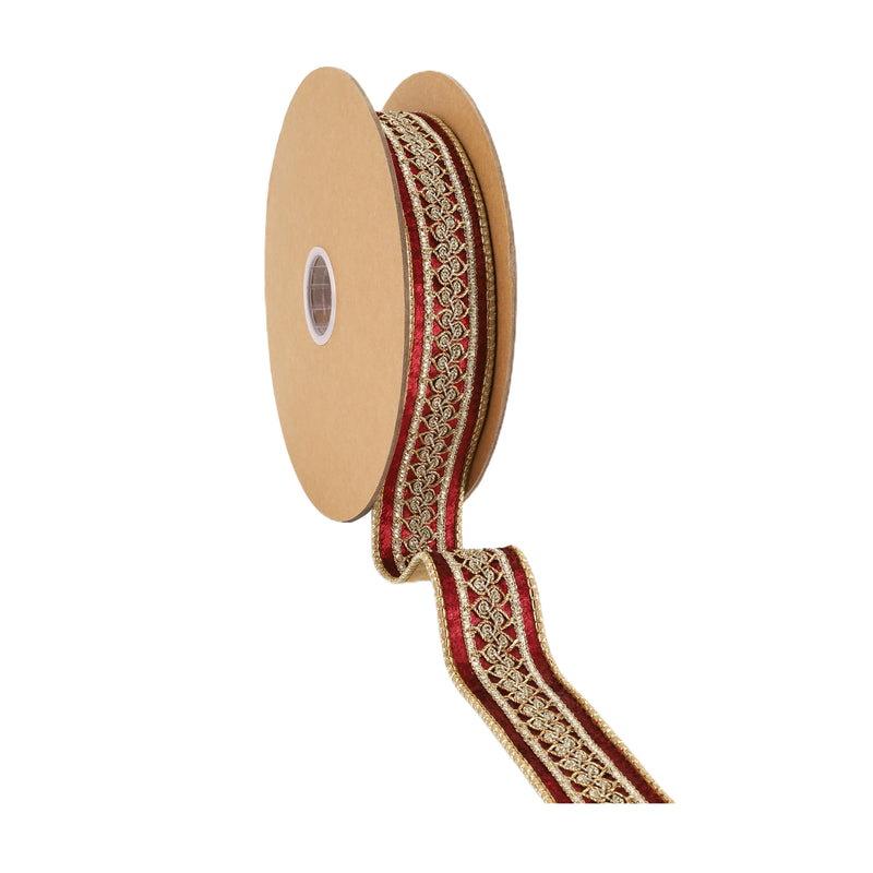 1 1/2" Double-Fused Wired Premium Velvet Ribbon w/ Metallic Trim | Burgundy/Gold | 10 Yard Roll