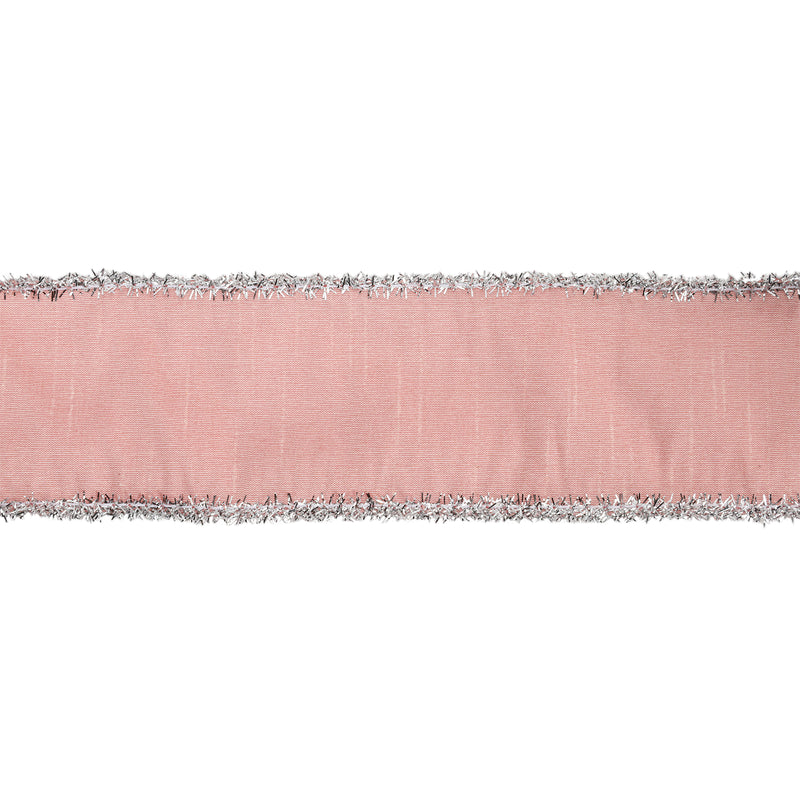 2 1/2" Wired Dupioni Ribbon w / Lurex Trim | Pink/Silver | 10 Yard Roll