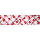 2 1/2" Wired Ribbon | White w/ Red Glitter Heart on Bias Plaid | 10 Yard Roll
