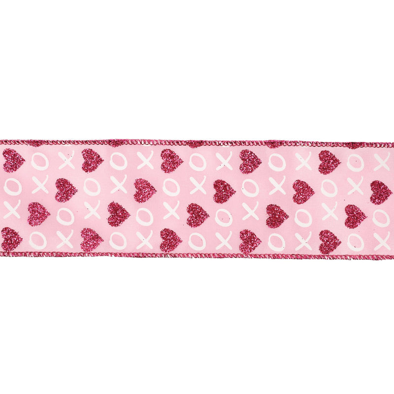2 1/2" Wired Ribbon | Pink w/ Red Glitter Heart & White XO | 10 Yard Roll