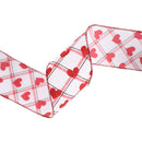 2 1/2" Wired Ribbon | White w/ Red Glitter Heart on Bias Plaid | 10 Yard Roll