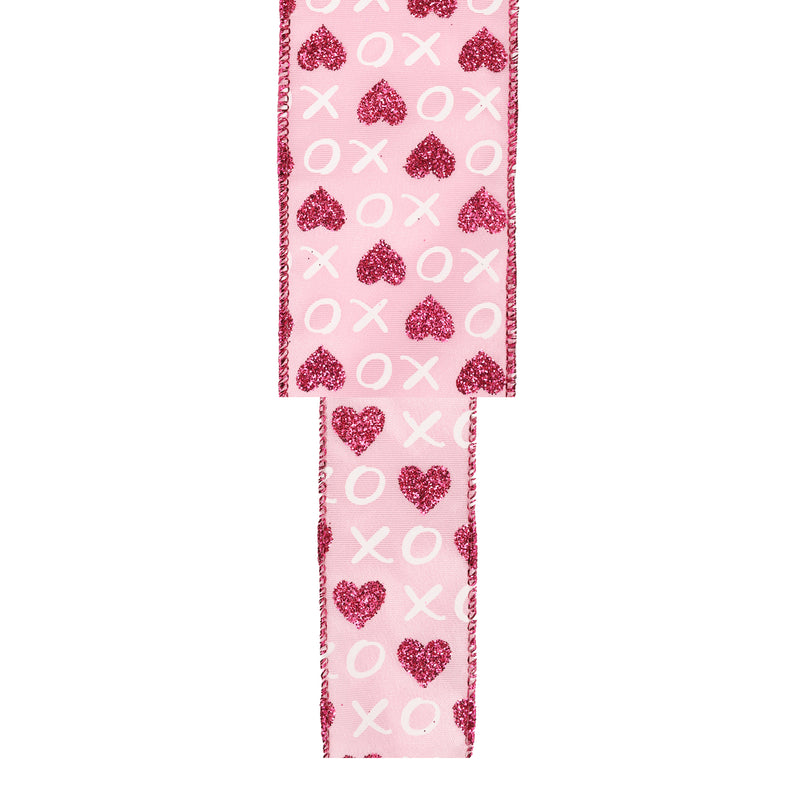 2 1/2" Wired Ribbon | Pink w/ Red Glitter Heart & White XO | 10 Yard Roll