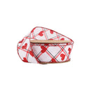 1 1/2" Wired Ribbon | White w/ Red Glitter Heart on Bias Plaid | 10 Yard Roll