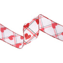 1 1/2" Wired Ribbon | White w/ Red Glitter Heart on Bias Plaid | 10 Yard Roll