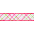 1 1/2" Wired Ribbon | White w/ Pastel Pink and Green Bias Plaid | 10 Yard Roll