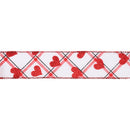 1 1/2" Wired Ribbon | White w/ Red Glitter Heart on Bias Plaid | 10 Yard Roll