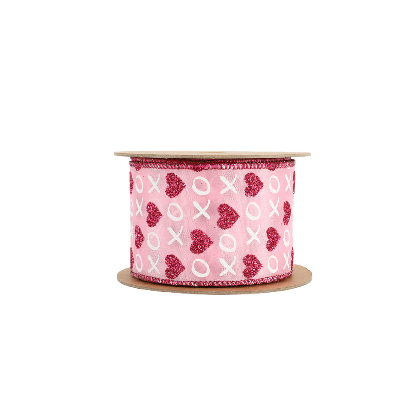 2 1/2" Wired Ribbon | Pink w/ Red Glitter Heart & White XO | 10 Yard Roll