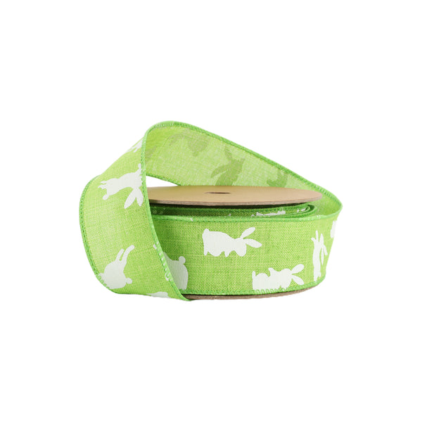 1 1/2" Wired Ribbon | Green w/ White All Over Bunny | 10 Yard Roll