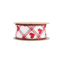 1 1/2" Wired Ribbon | White w/ Red Glitter Heart on Bias Plaid | 10 Yard Roll