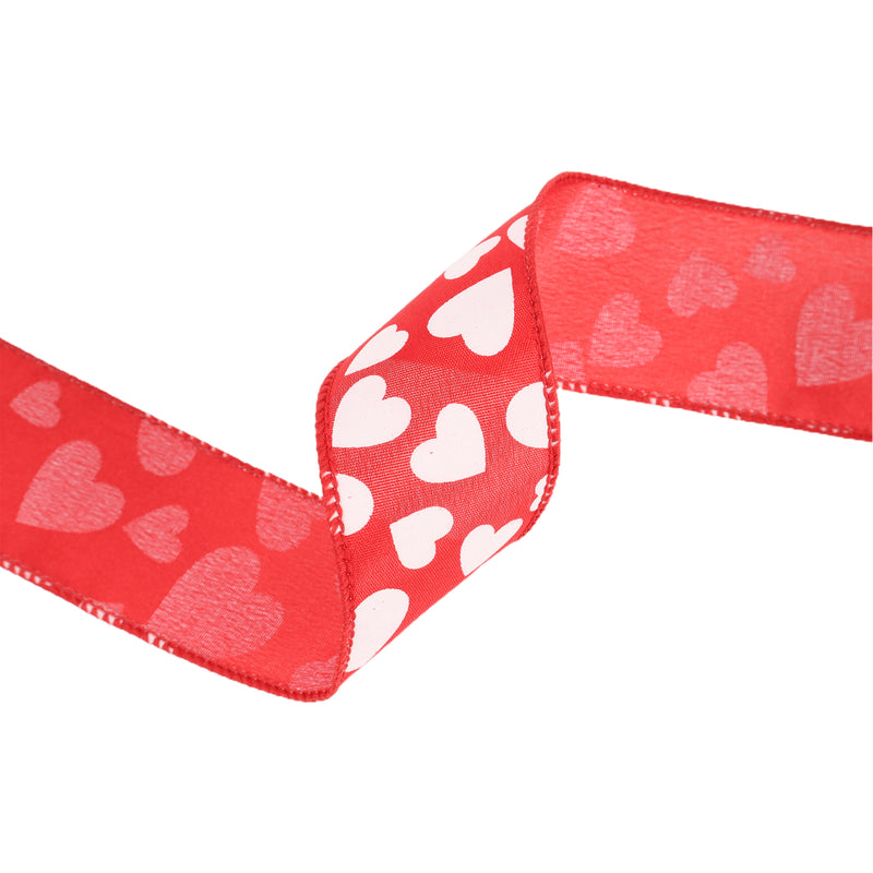 1 1/2" Wired Ribbon | Red w/ Multi Size White Hearts | 10 Yard Roll