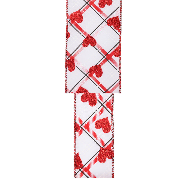 1 1/2" Wired Ribbon | White w/ Red Glitter Heart on Bias Plaid | 10 Yard Roll