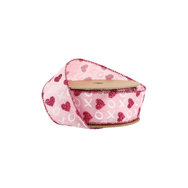 1 1/2" Wired Ribbon | Pink w/ Red Glitter Heart & White XO | 10 Yard Roll