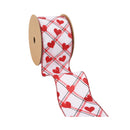 2 1/2" Wired Ribbon | White w/ Red Glitter Heart on Bias Plaid | 10 Yard Roll