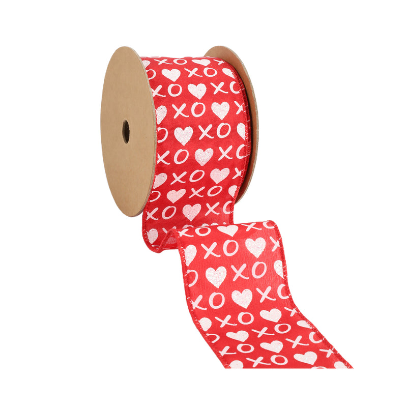 2 1/2" Wired Ribbon | Red w/ White Glitter Heart & XO | 10 Yard Roll