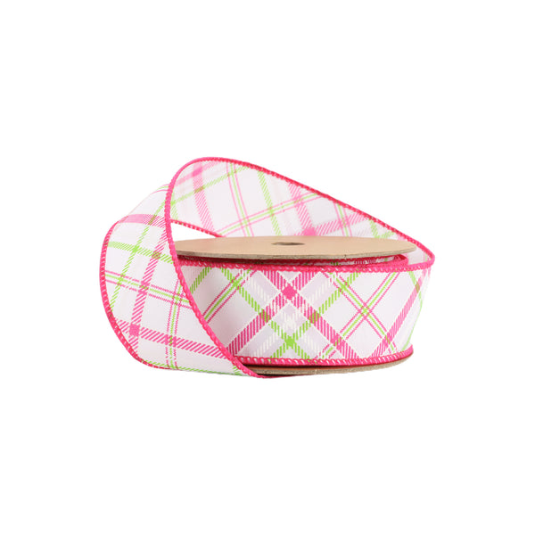 1 1/2" Wired Ribbon | White w/ Pastel Pink and Green Bias Plaid | 10 Yard Roll