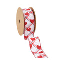 1 1/2" Wired Ribbon | White w/ Red Glitter Heart on Bias Plaid | 10 Yard Roll