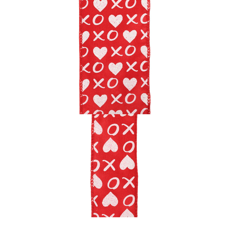 2 1/2" Wired Ribbon | Red w/ White Glitter Heart & XO | 10 Yard Roll
