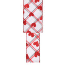2 1/2" Wired Ribbon | White w/ Red Glitter Heart on Bias Plaid | 10 Yard Roll