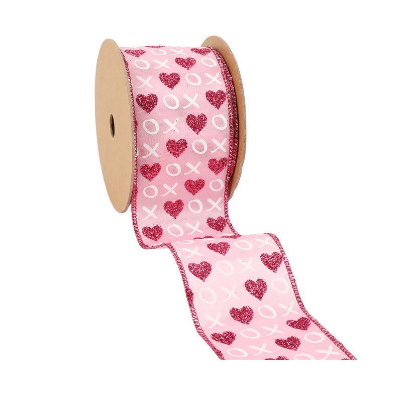 2 1/2" Wired Ribbon | Pink w/ Red Glitter Heart & White XO | 10 Yard Roll