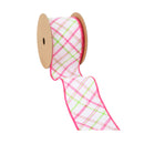 2 1/2" Wired Ribbon | White w/ Pastel Pink and Green Bias Plaid | 10 Yard Roll