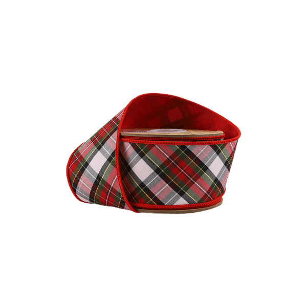 2 1/2" Wired Dupioni Ribbon | Red/Green/Black/White Small Plaid Bias Cut Double-Fused Red Backing | 5 Yard Roll