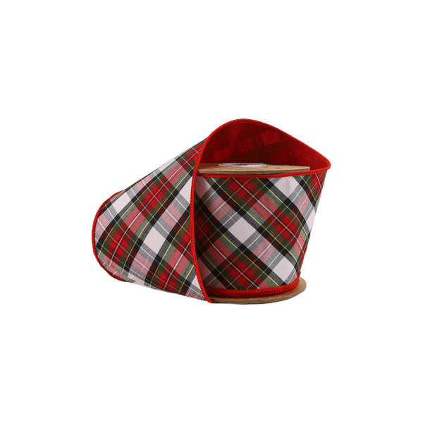 4" Wired Dupioni Ribbon | Red/Green/Black/White Small Plaid Bias Cut Double-Fused Red Backing | 5 Yard Roll