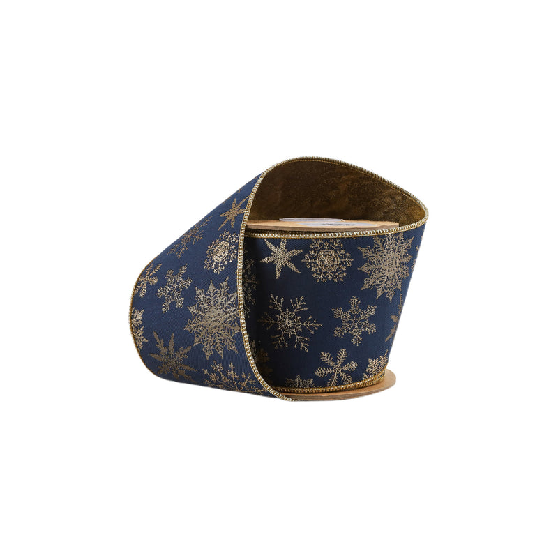 4" Wired Jaquard Ribbon | Blue Snowflake w/  Tissue Backing | 5 Yard Roll