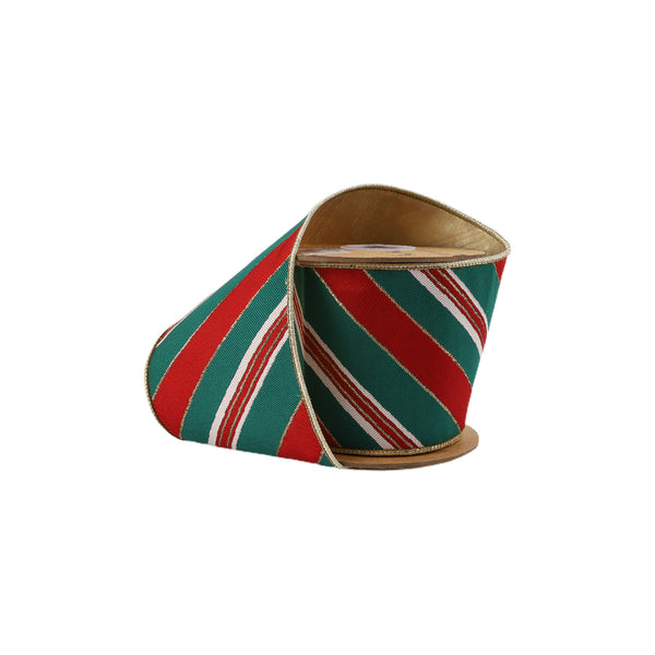 4" Wired Jacquard Ribbon | Red/Green Christmas Stripes w/ Gold Backing | 5 Yard Roll