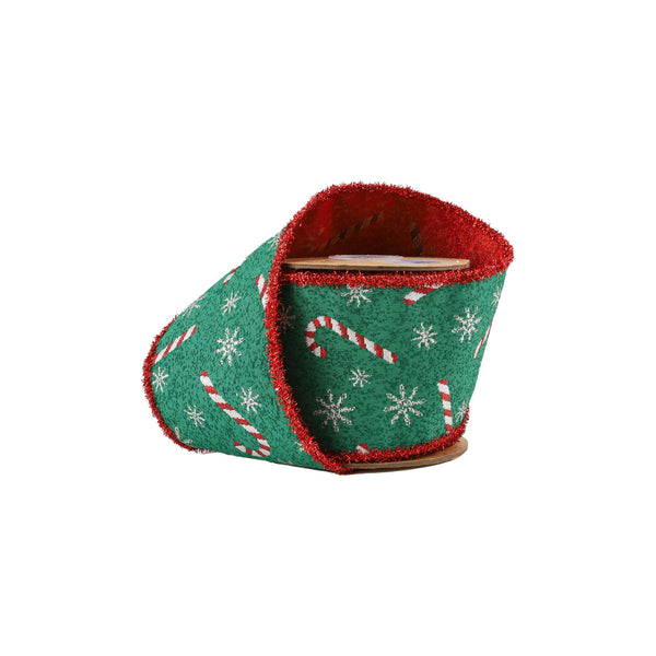 4" Wired Jacquard Ribbon | Candy Cane on Green w/ Red Tinsel Edge | 5 Yard Roll