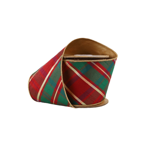 4" Wired Dupioni Ribbon | Red/Green/Gold Plaid Bias Cut w/ Double-Fused Gold Backing | 10 Yard Roll