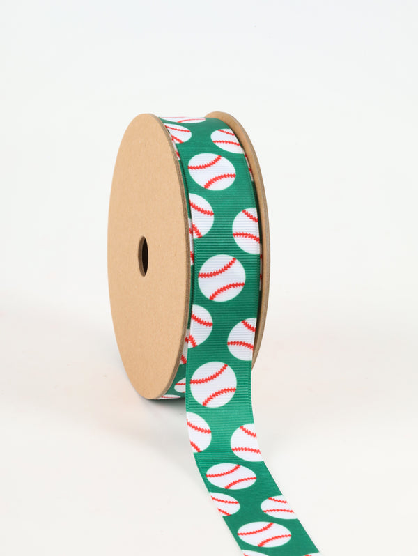 1" Printed Grosgrain Ribbon | Baseballs on Green | 25 Yard Roll