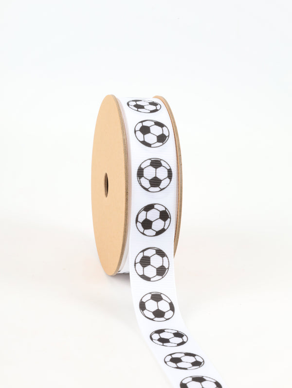 1" Printed Grosgrain Ribbon | Soccer Balls on White | 25 Yard Roll