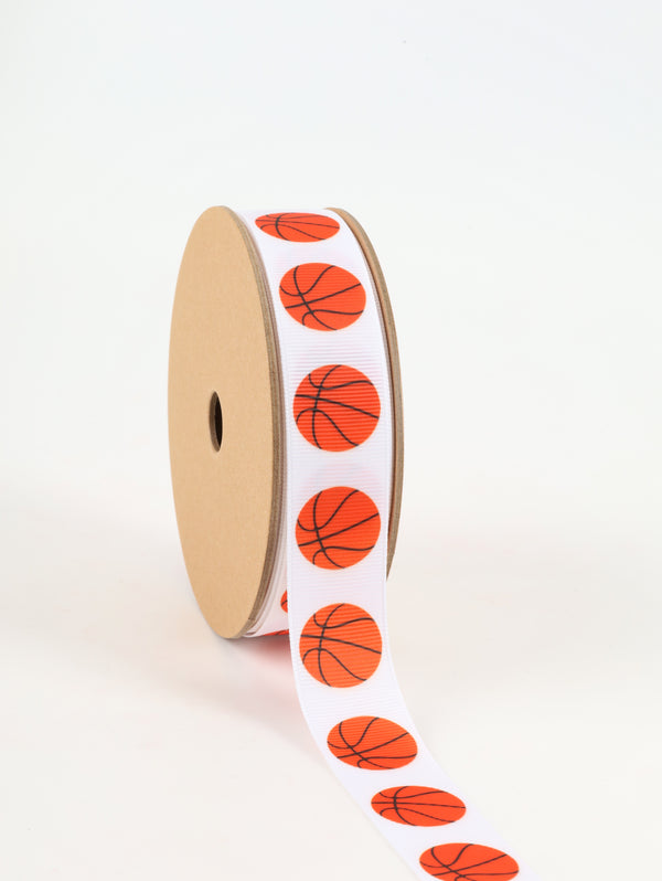 1" Printed Grosgrain Ribbon | Basketballs on White | 25 Yard Roll