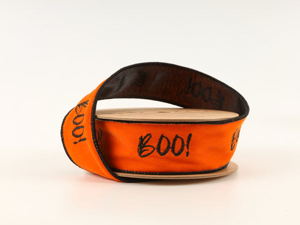 1 1/2" Wired Ribbon | Orange Embroidered Boo w/ Black Backing | 10 Yard Roll