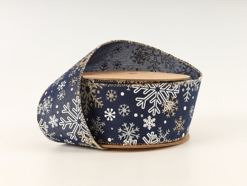 2 1/2" Faux Linen Wired Ribbon | Blue w/ Silver Glitter and Print White Snowflake | 10 Yard Roll