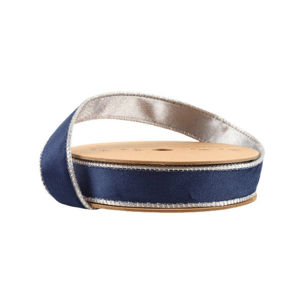 1" Reversible Classic Velvet Wired Ribbon | Navy/Silver | 10 Yard Roll
