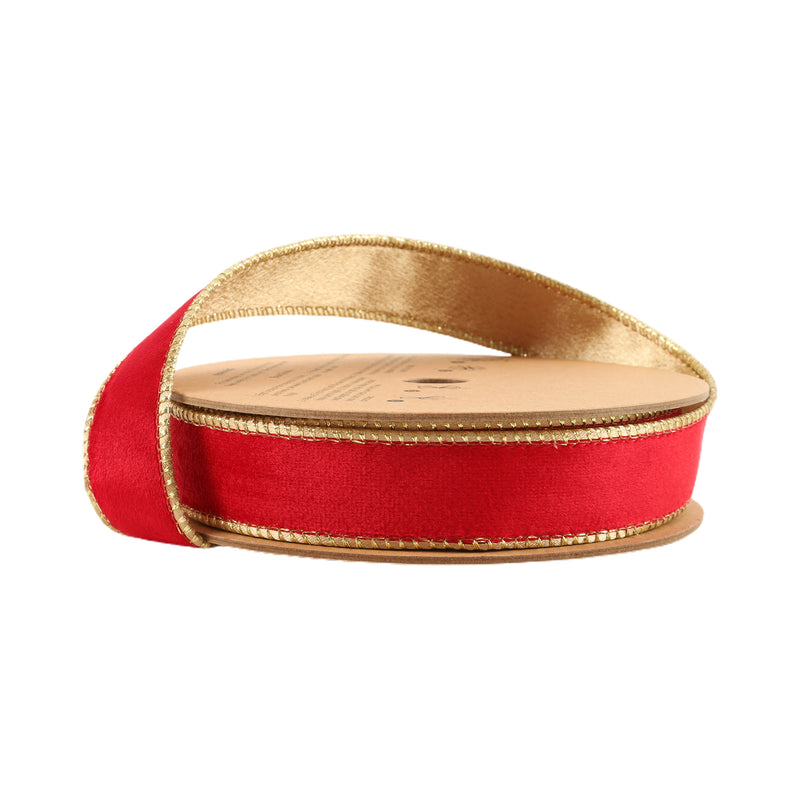 1" Reversible Classic Velvet Wired Ribbon | Christmas Red/Gold | 10 Yard Roll
