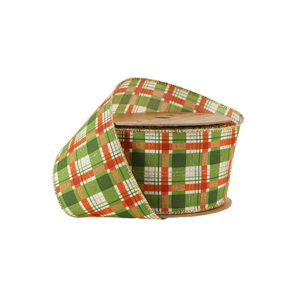 2 1/2" Wired Ribbon | Orange/Green Plaid w Gold Accent | 10 Yard Roll