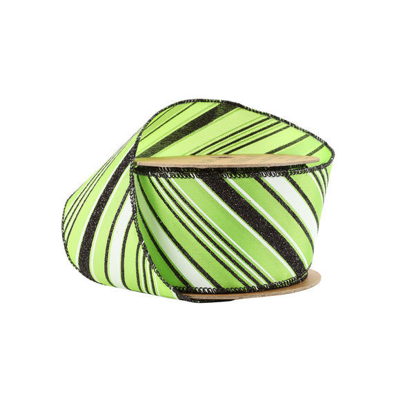 2 1/2" Wired Ribbon | Candy Stripe on Green | 10 Yard Roll