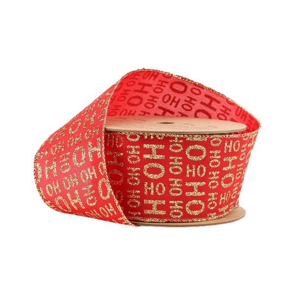 2 1/2" Wired Ribbon | Gold Ho Ho Ho on Red | 10 Yard Roll