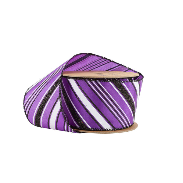 2 1/2" Wired Ribbon | Candy Stripe on Purple | 10 Yard Roll