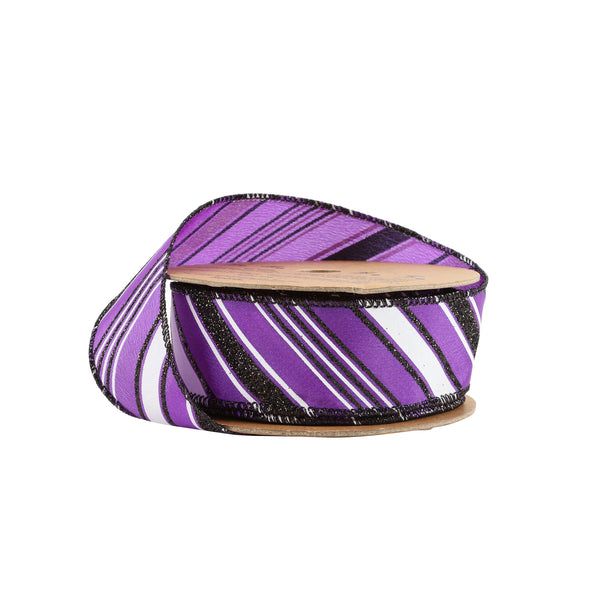1 1/2" Wired Ribbon | Candy Stripe on Purple | 10 Yard Roll
