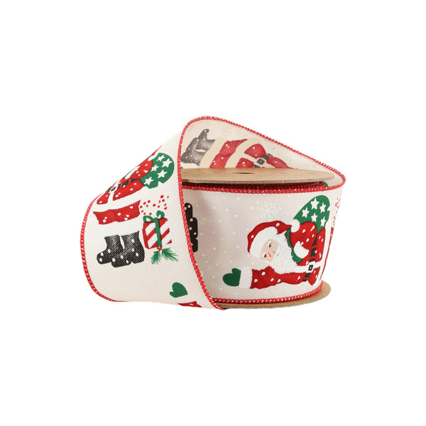 2 1/2" Wired Ribbon | Santa With Sack on Off White | 10 Yard Roll