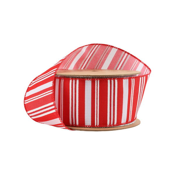 2 1/2" Wired Ribbon | White Stripe on Red | 10 Yard Roll