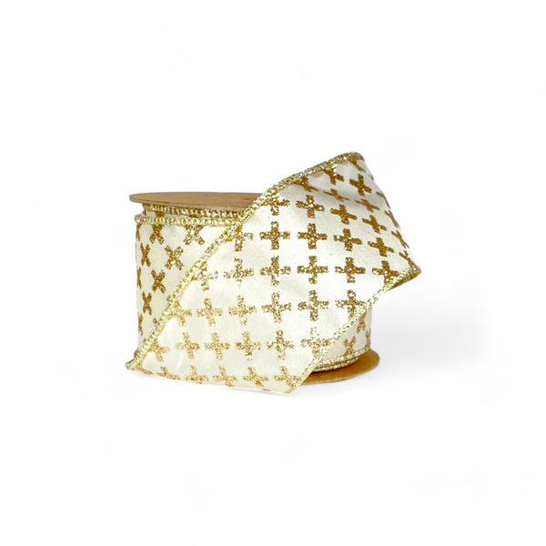 2 1/2" Wired Ribbon | Gold Cross on White | 10 Yard Roll