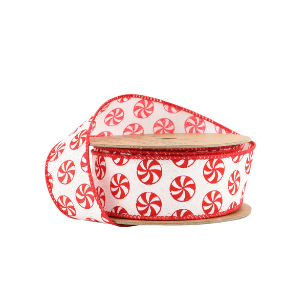 1 1/2" Wired Ribbon | All Over Peppermint on White Glitter | 10 Yard Roll