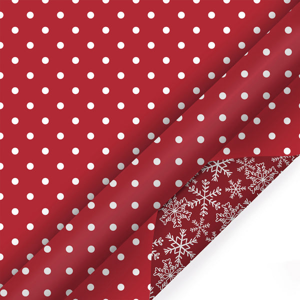 30" x 10’ Holiday Reversible Wrapping Paper | White Dot on Red/Layered Snowflake on Red